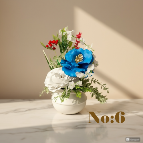Seluna No:6 – Beyaz Minimal Saksıda Safir Mavi ve Beyaz Yapay Aranjman