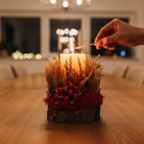 Seluna Design Rustik Kütük Bazlı El Yapımı Mumluk Aranjmanı – Doğal Dokulu Dekoratif Tasarım