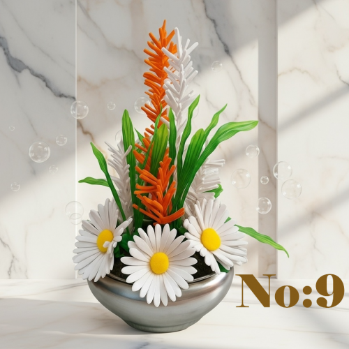 Seluna No:9 – Gümüş Kasede Papatya ve Turuncu Egzotik Yapay Aranjman