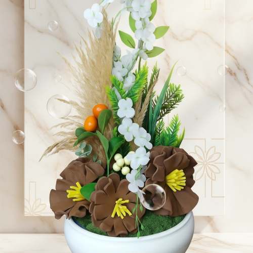 Seluna No:11 – Beyaz Oval Vazoda Toprak Tonlu ve Pampaslı Bohem Aranjman