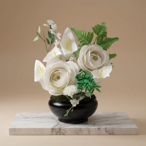 Seluna Design Siyah Metal Saksıda El Yapımı Beyaz Gül ve Gala Çiçeği Aranjmanı No:37 