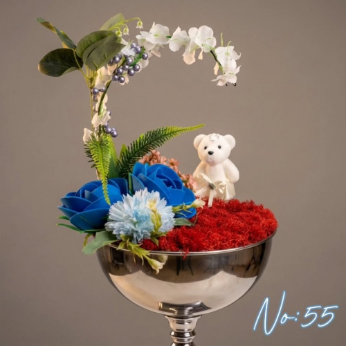 Ürün Adı: No:55 Gümüş Kadeh Saksıda Gece Mavisi Güller & Ayıcık Figürlü Lüks Arajman