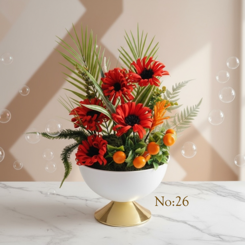 Seluna No:26 – Altın Tabanlı Beyaz Kasede Kırmızı Gerbera Aranjmanı