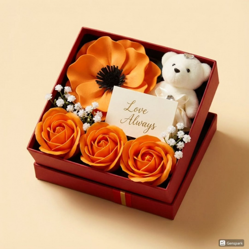 No:54 Turuncu El Yapımı Çiçekli & Ayıcık Figürlü Lüks Hediye Kutusu