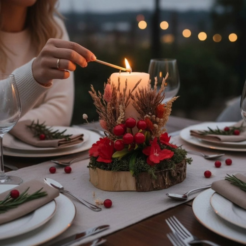 Seluna Design El Yapımı Doğal Kütük Mumluk Aranjmanı – Kırmızı Çiçekli ve Yosun Detaylı Masa Dekoru